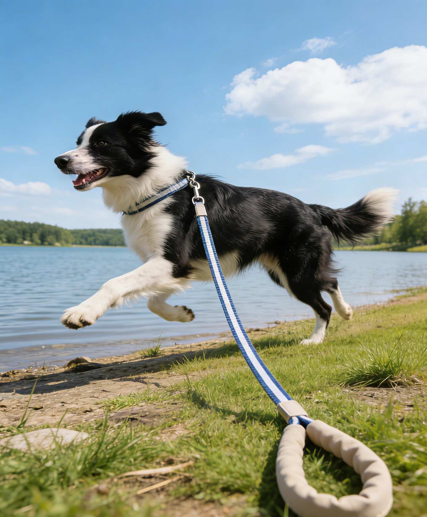 Blue Stripe Nylon Dog Leash with Leather Padded Handle
