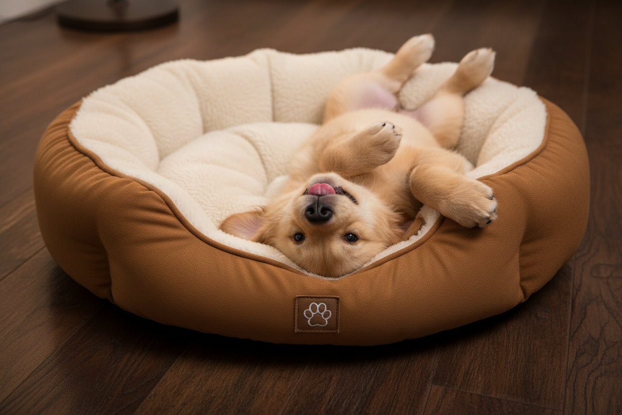Golden retriever puppy lying in large round sherpa pet bed