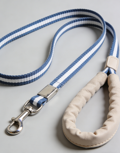 Blue Stripe Nylon Dog Leash with Leather Padded Handle