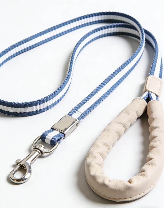 Blue Stripe Nylon Dog Leash with Leather Padded Handle