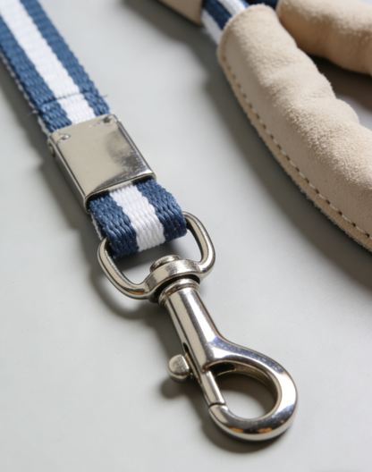 Blue Stripe Nylon Dog Leash with Leather Padded Handle