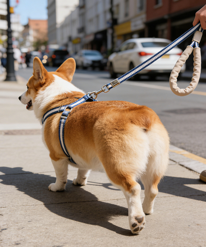 Blue Stripe Nylon Dog Leash with Leather Padded Handle