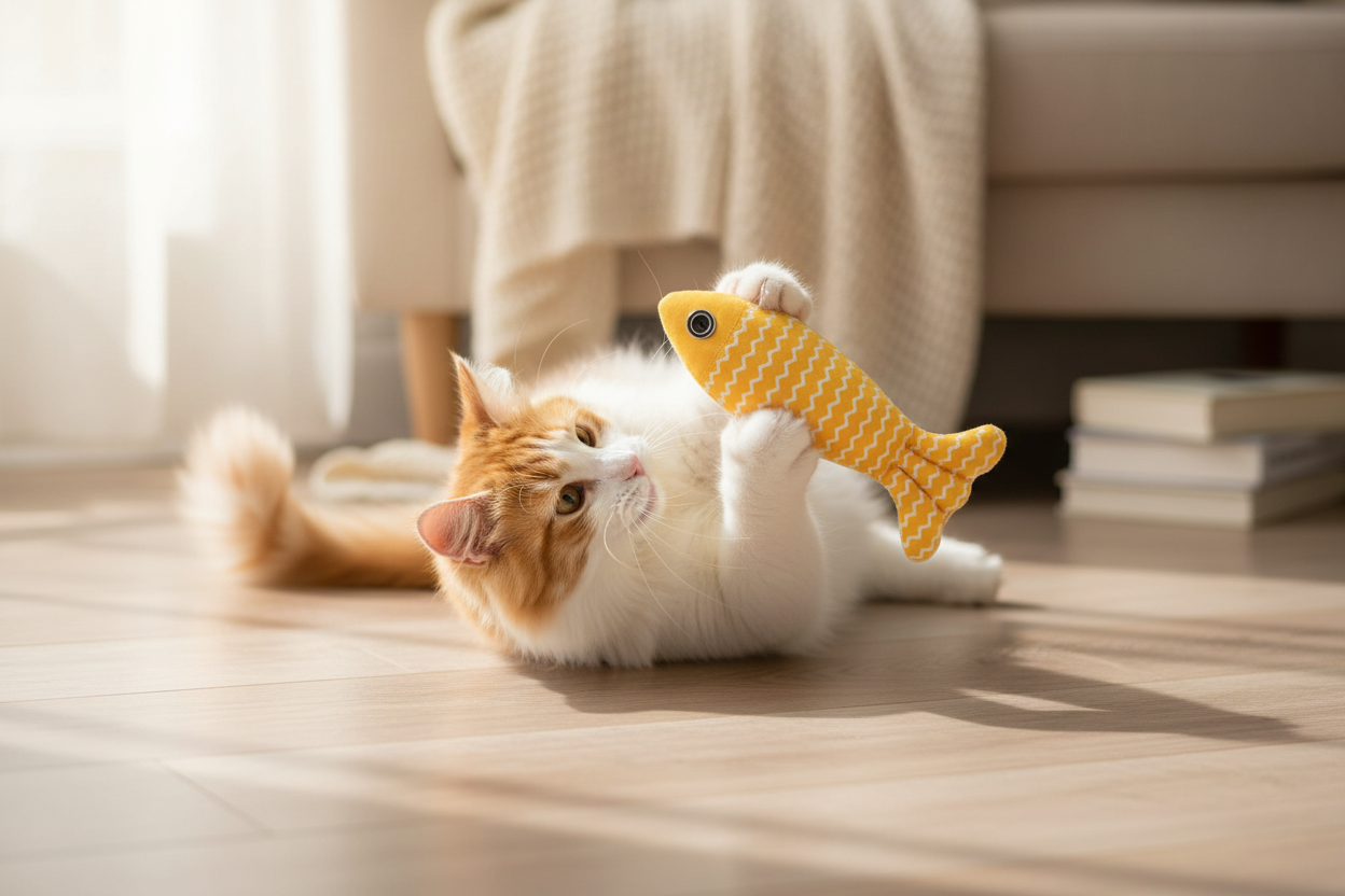 Cat playing with yellow fish-shaped catnip toy