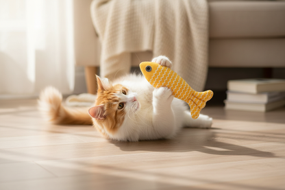 Cat playing with yellow fish-shaped catnip toy
