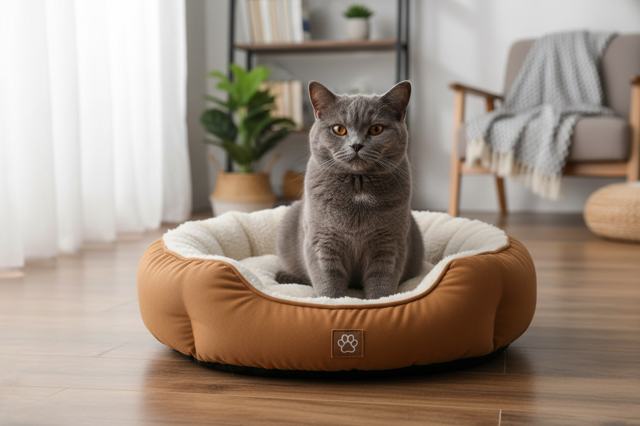 Grey British shorthair cat sitting in round sherpa pet bed