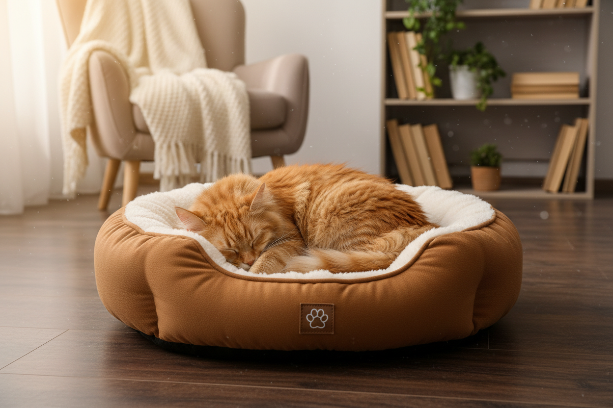 Orange tabby cat sleeping in round sherpa pet bed