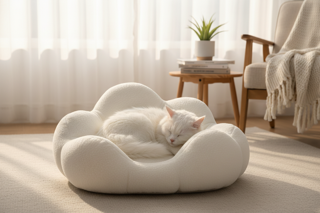 White cat sleeping in Cloud Cuddle Pet Bed