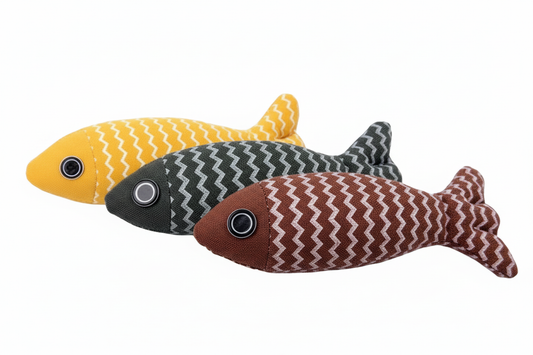 Fish-shaped cat toy in yellow, dark grey and brown color variants