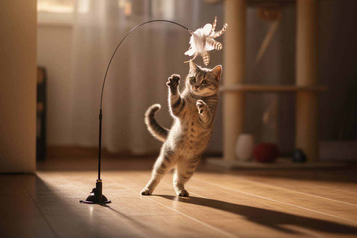 Grey tabby cat jumping to swat feather wand toy