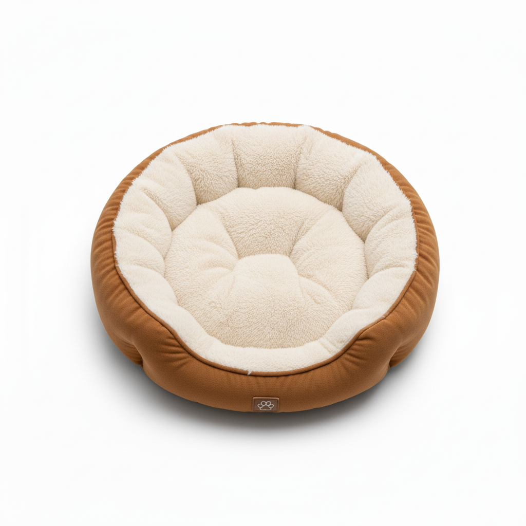 Top-down flat lay of round pet bed