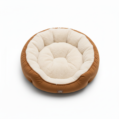 Top-down flat lay of round pet bed