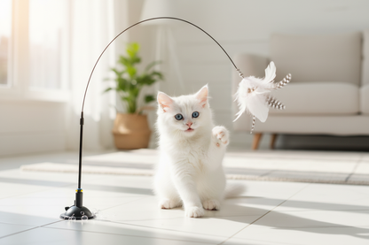White kitten playing independently with self-standing feather wand toy