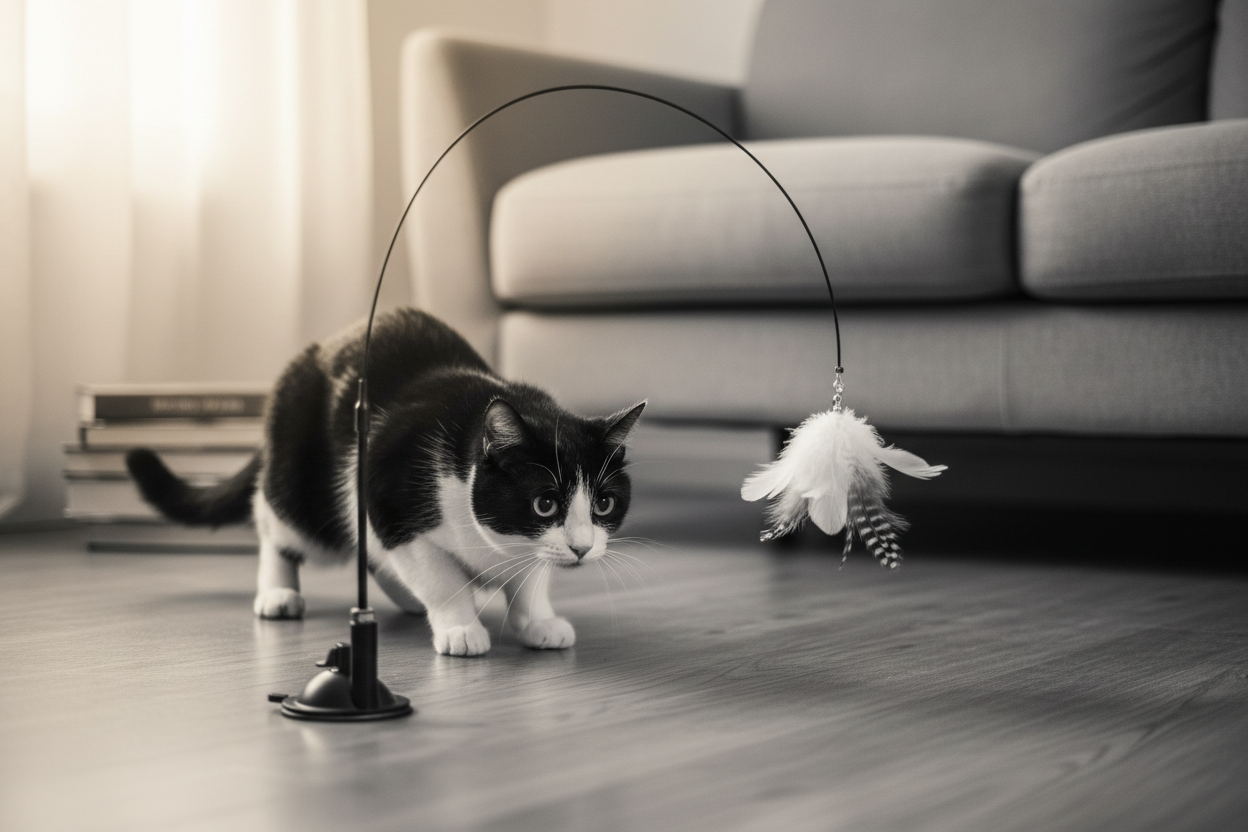 Black and white cat in hunting position with feather wand toy