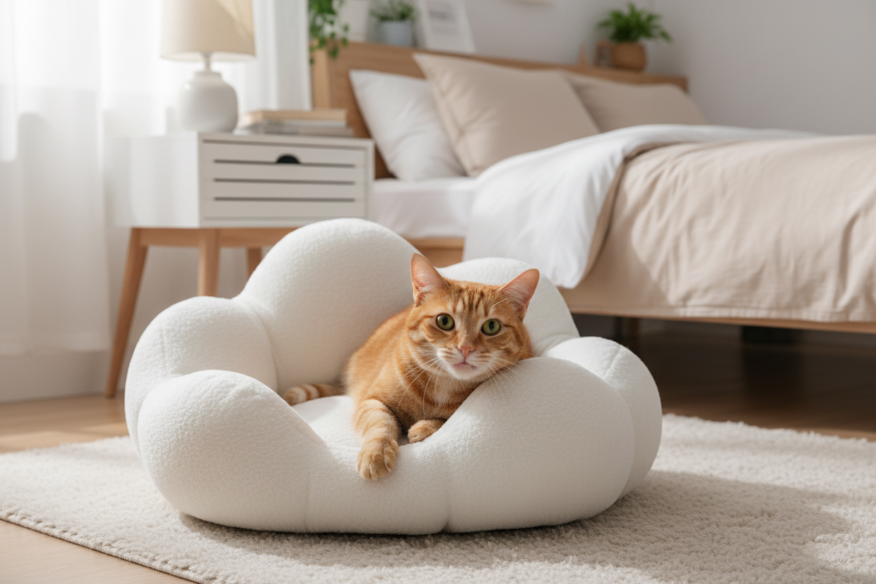 Orange cat peeking over Cloud Cuddle Pet Bed