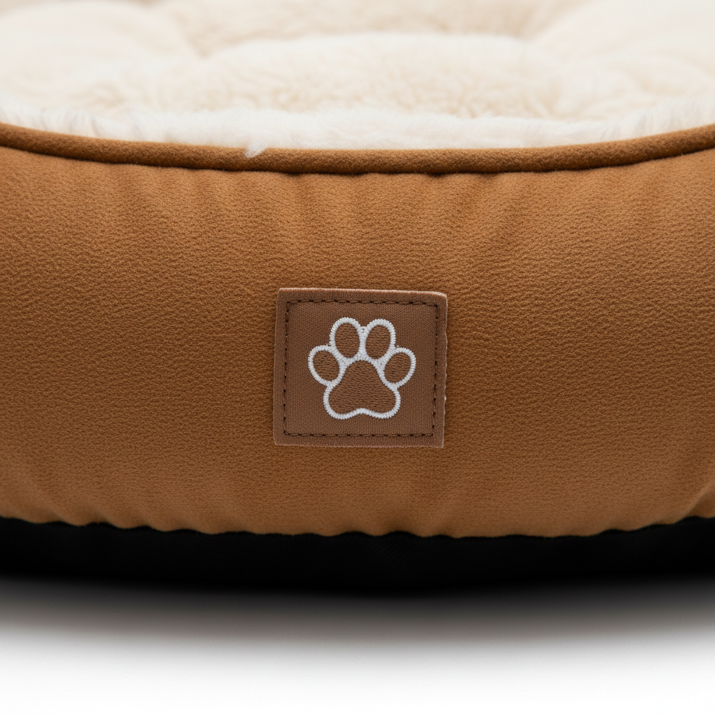Close-up of caramel brown suede fabric and paw badge