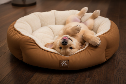 Golden retriever puppy lying in large round sherpa pet bed