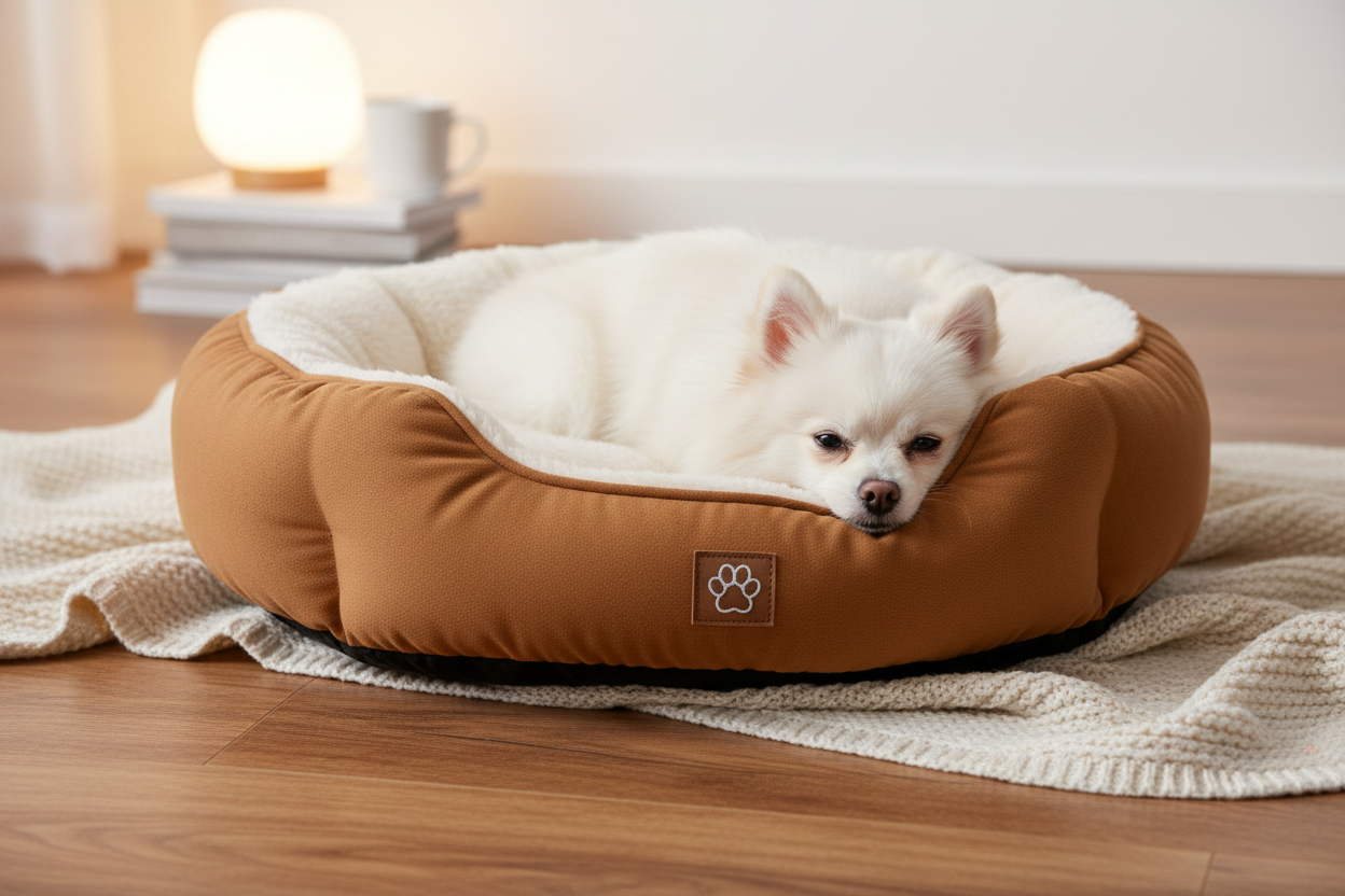 White Pomeranian dog snuggled in round sherpa pet bed